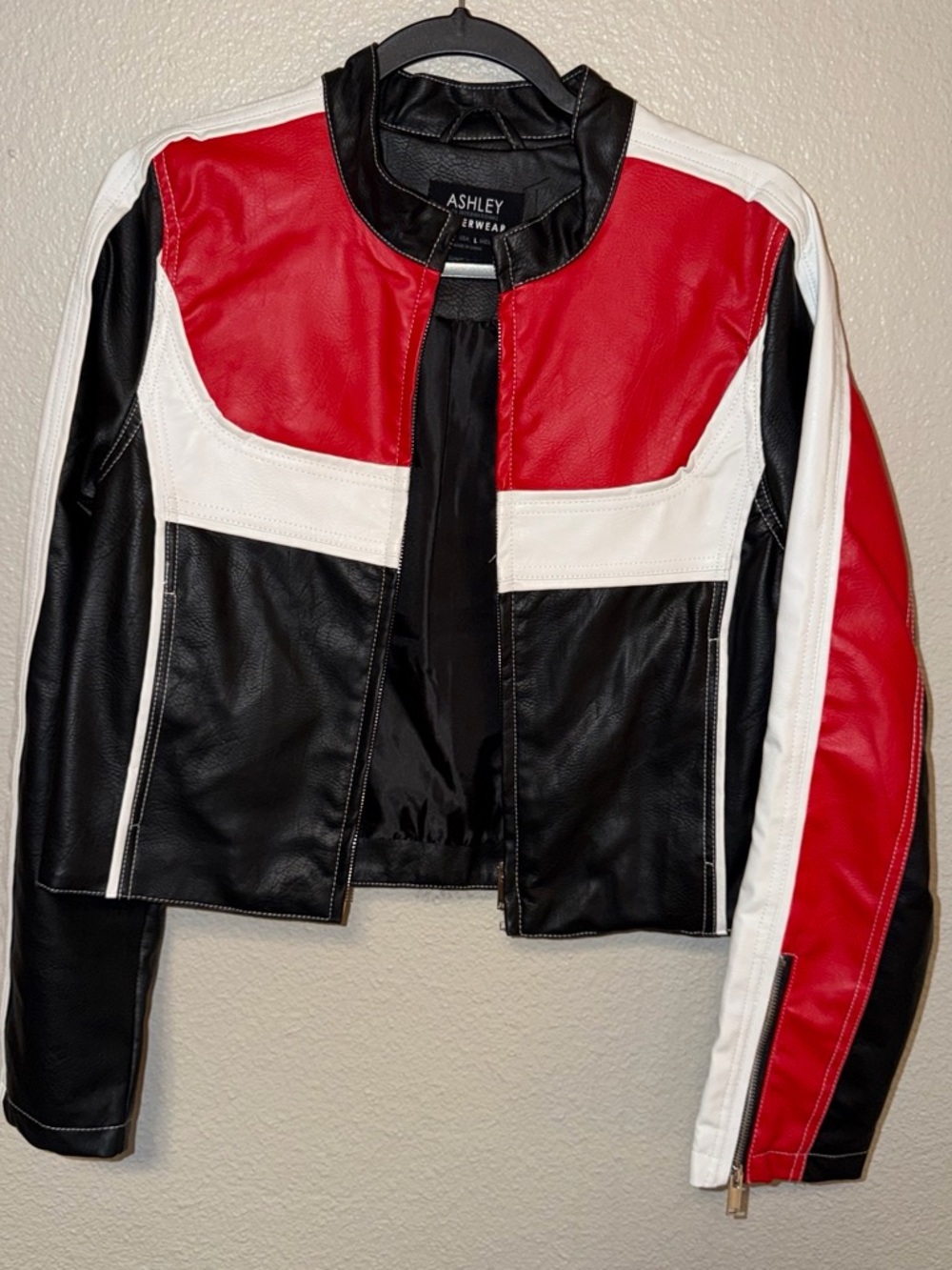 Ashley By 26 International Red, Black & White Colorblock Moto Jacket